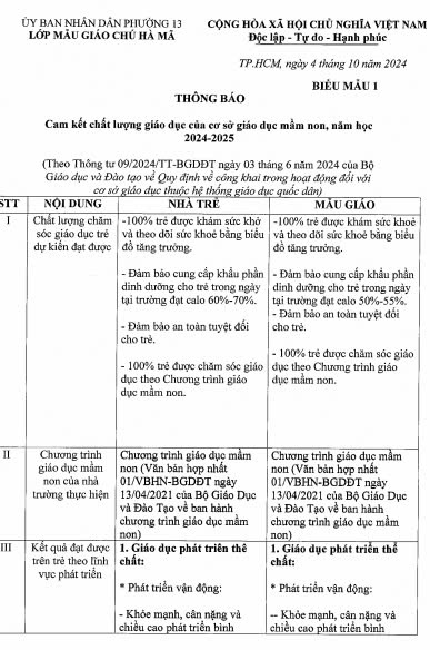 THÔNG BÁO CAM KẾT CHẤT LƯỢNG CHĂM SÓC GIÁO DỤC THEO CÔNG KHAI THEO THÔNG TƯ 09/BGDĐT